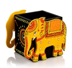 Handicraft Wooden Pen Stand Elephant - Yellow